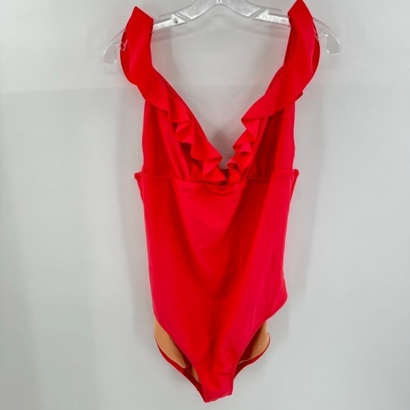 J. Crew One Piece Swimsuit Ruffle Sz XL V-Neck Pink Coral Geranium - Picture 1 of 4